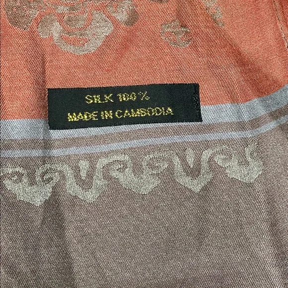 100% Silk Woven Scarf Shawl Boho Paisley Floral Pattern Brown Copper Fringe - Picture 4 of 6